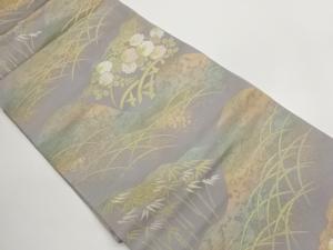 山並に芝・笹・万寿菊模様織り出し名古屋帯